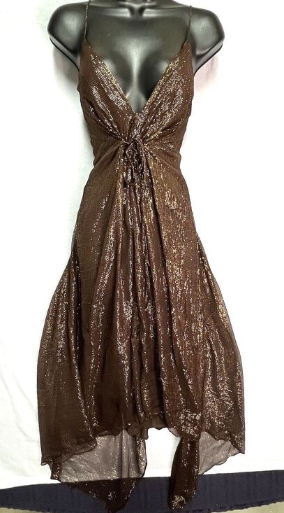 Nicole Miller Dresses & Skirts - Nicole Miller Silk Lurex Brown Gold Plunge Handkerchief Dress 8 Y2K Fairy Boho